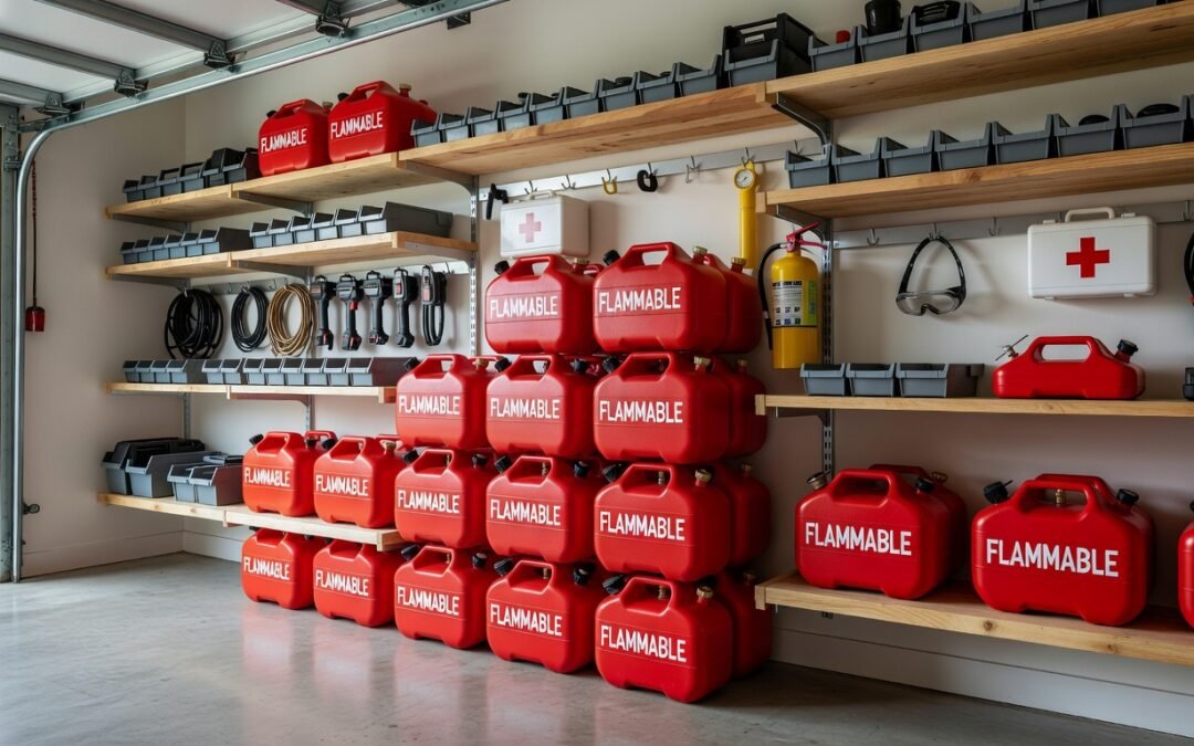 Kraftstoffkanister sicher gestapelt in einer Garage mit professionellem Lagersystem